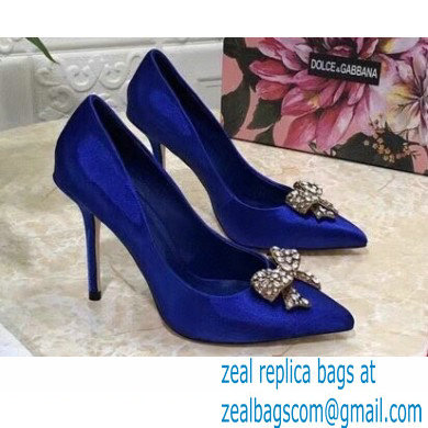 Dolce  &  Gabbana Heel 10.5cm Satin Pumps Blue with Crystal Bow 2021